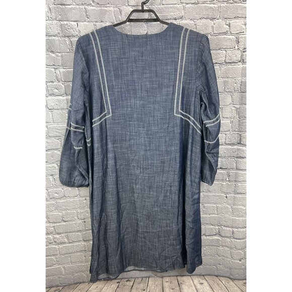 J. Jill Pure Jill Indigo 2X  Whipstitched Embroidered Dress Chambray Tencel Blue - Picture 2 of 11